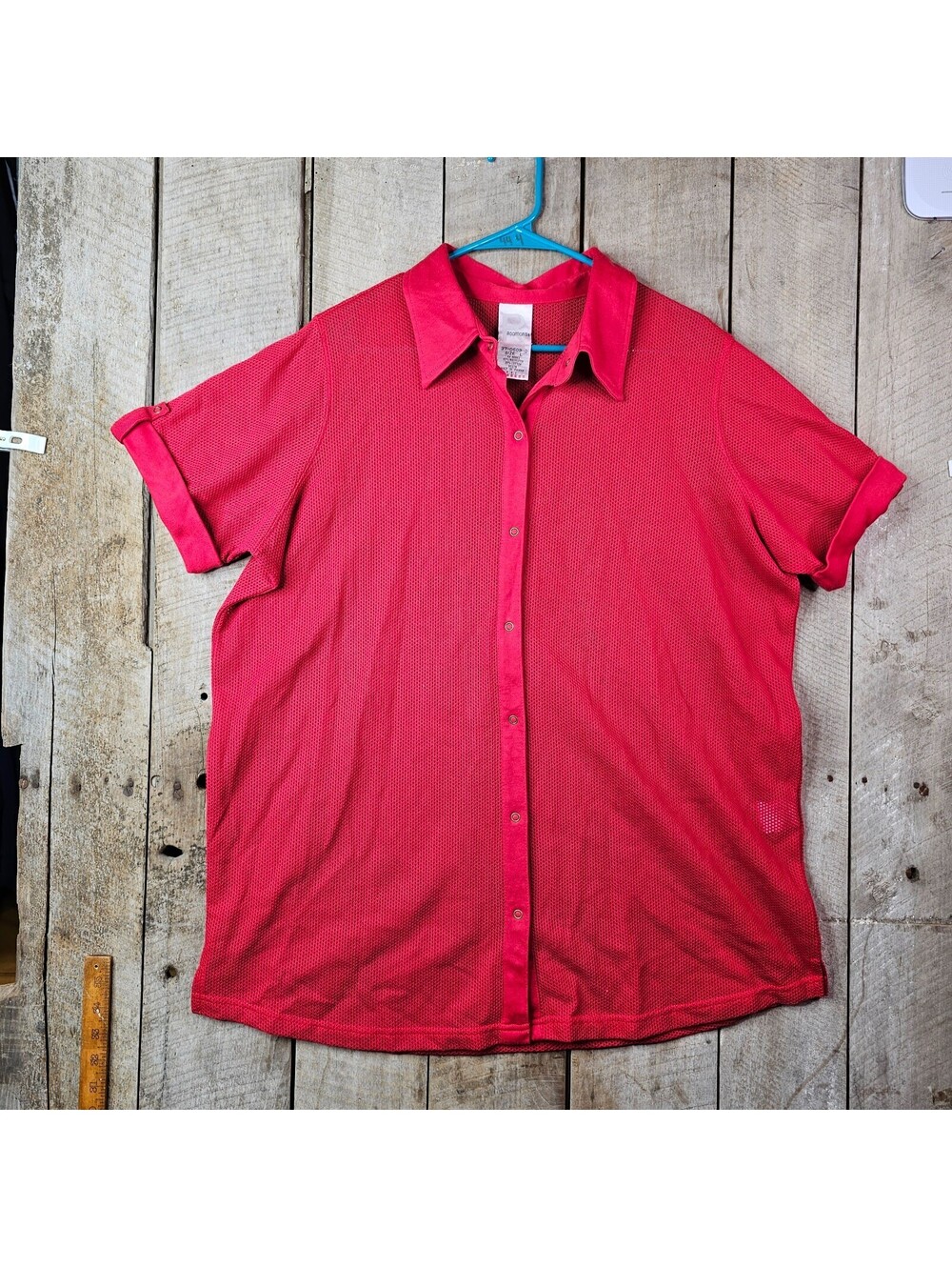 Vintage Roamans Mesh Button Front Shirt Mens Large Red Short Sleeve Taiwan